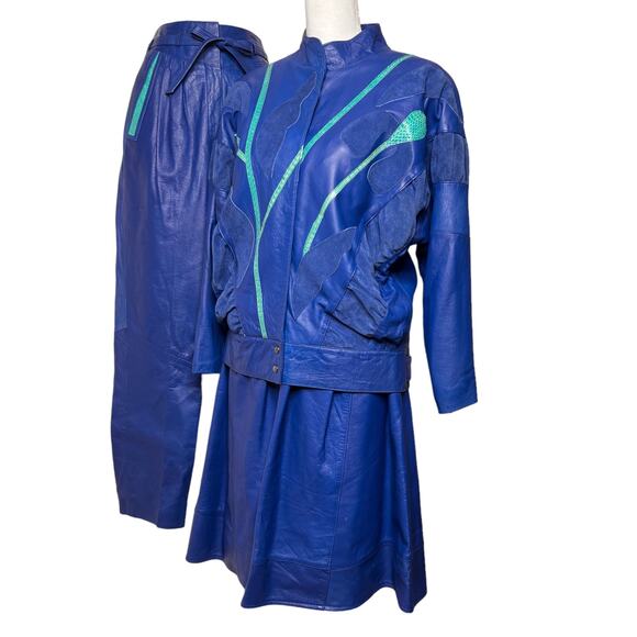 Vintage Jackets & Blazers - Vintage 80s Leather Skirt Pants Skirt Suit Set Size Small Blue Snakeskin Suede